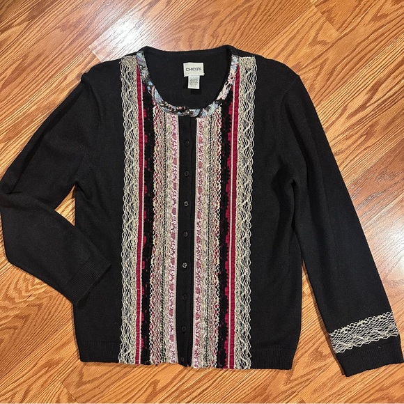 Chico's Sweaters - Vintage Chico's Silk Blend Knit Cardigan with Lace velvet metallic size M
